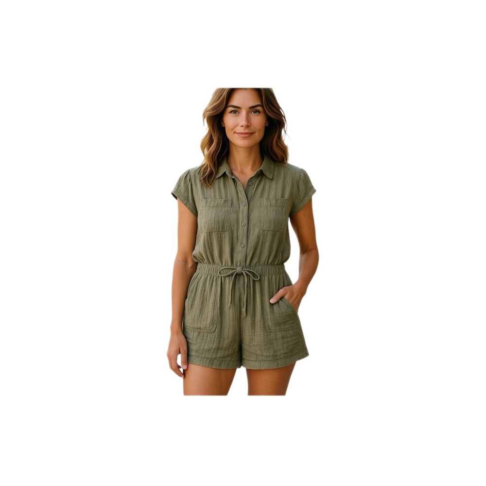 Beach Lunch Lounge Romper Size L Gauze Green Drawstring Waist‎ Shorts Button Up